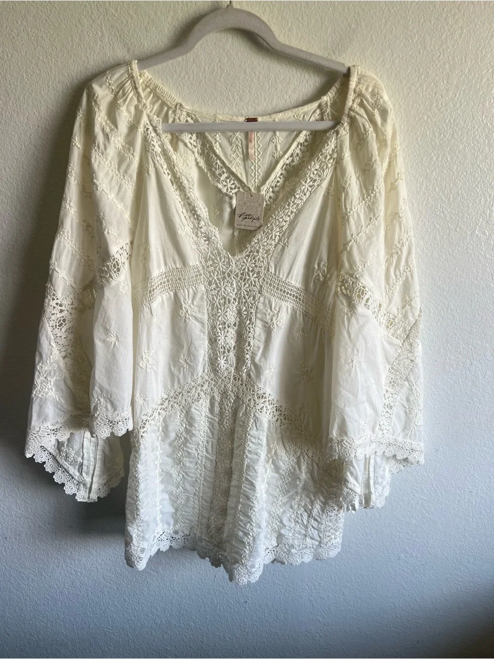 Free People Wildflower Muse Mini Dress IvoryEgret Embroidered/Crochet Cotton NWT